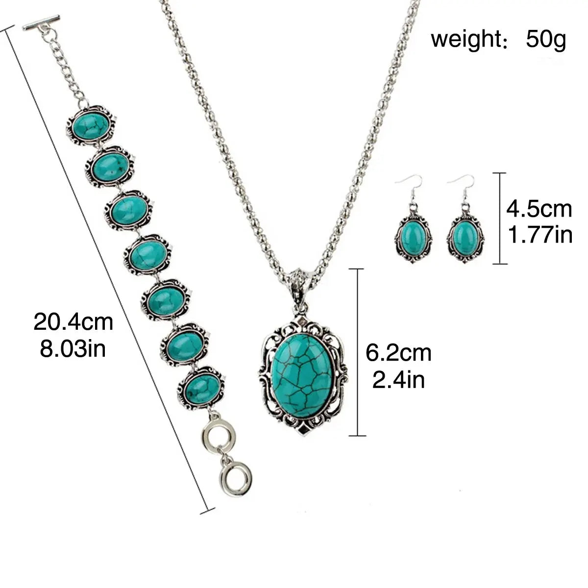 Jewelry set with turquoise stones including necklace, bracelet, and earrings, with measurements and weight displayed.