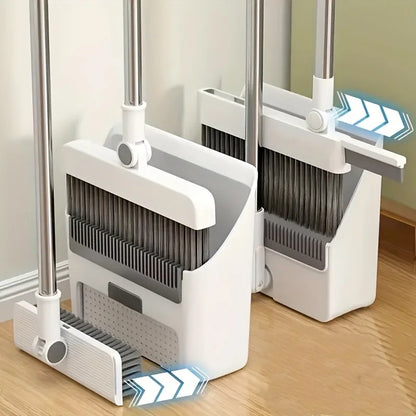 Cleaning tool with brush and mop head on a wooden floor