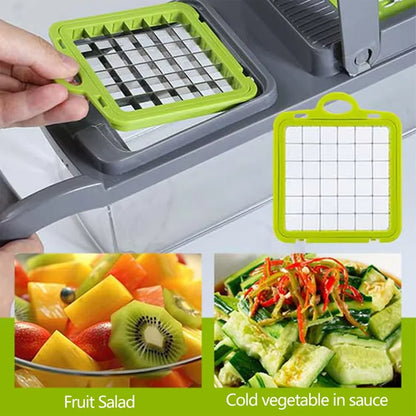 Vegetable chopper with grid attachment, shown in use on fruits and vegetables.
