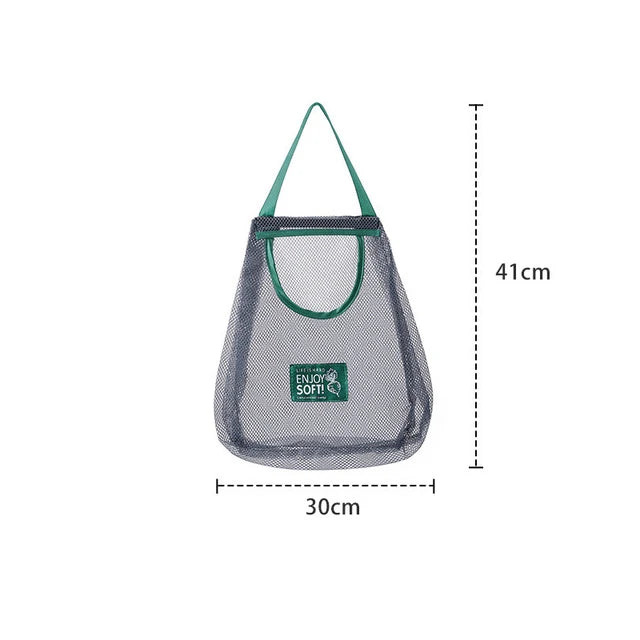 Mesh bag with dimensions labeled on a white background
