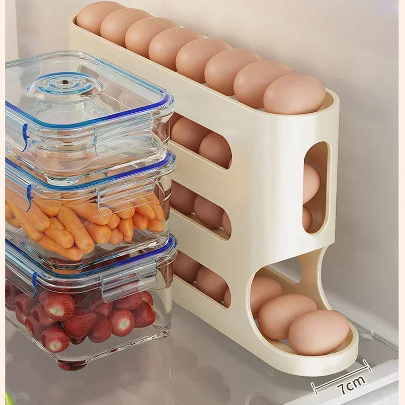 Egg holder with eggs and food containers on a refrigerator shelf