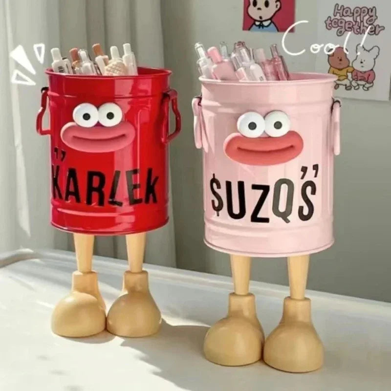 Two cartoon-style buckets, one red and one pink, with faces and legs on a white surface.