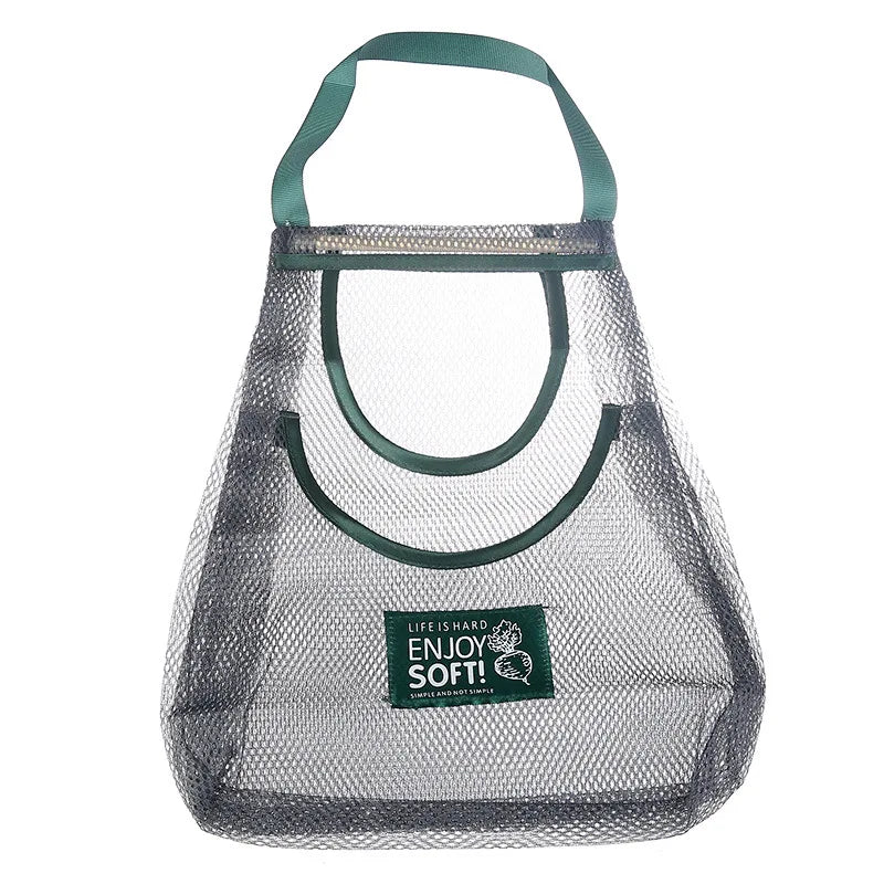 Mesh bag with green trim and 'Enjoy Soft!' label on a white background