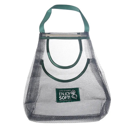 Mesh bag with green trim and 'Enjoy Soft!' label on a white background