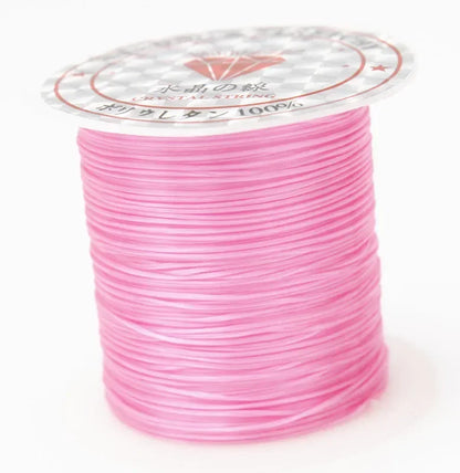 Spool of pink thread with a clear label on a white background
