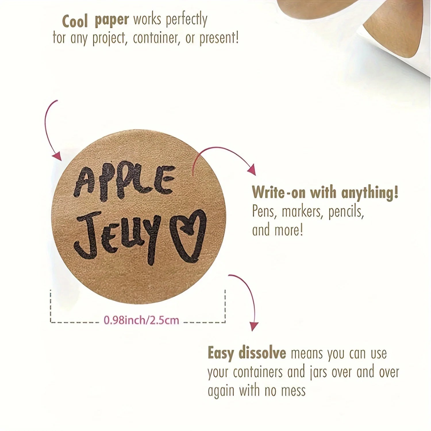 Round brown label with 'Apple Jelly' text on a white background with product information.