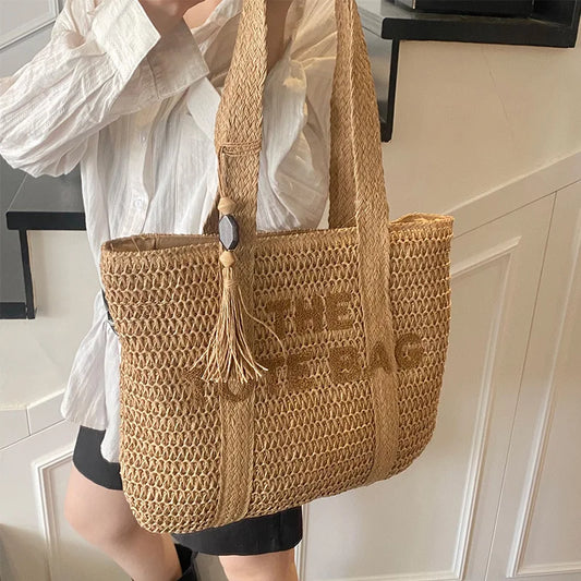 French-Style Woven Straw Tote Bag – Large Beach Vacation Shoulder Bag