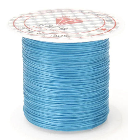 Spool of blue thread with a white label on a white background