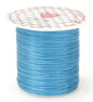 Spool of blue thread with a white label on a white background