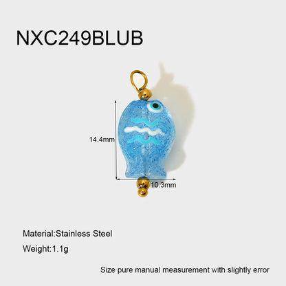 Blue fish-shaped pendant with measurements and material details on a white background