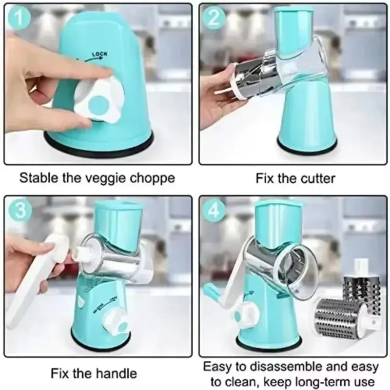 Manual Rotary Vegetable Slicer – 3-Blade Cheese Chopper & Potato Shredder