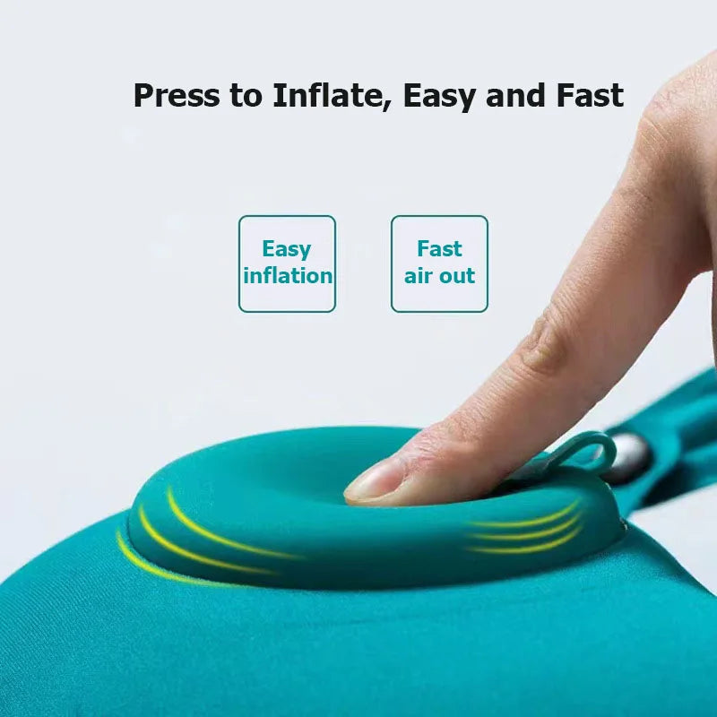 Inflatable seat with a hand pressing a button labeled 'Press to Inflate, Easy and Fast' on a light gray background.