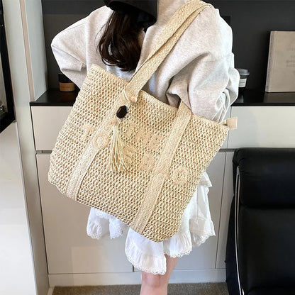 French-Style Woven Straw Tote Bag – Large Beach Vacation Shoulder Bag