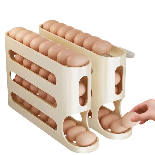 Beige egg holder with eggs on a refrigerator door
