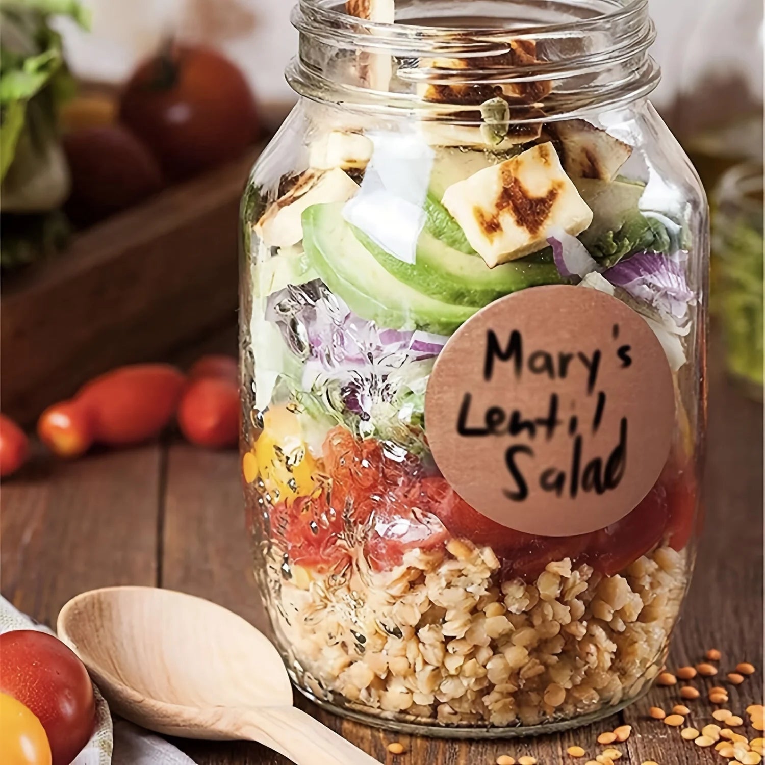 Mason jar salad with a label reading 'Mary's Lentil Salad' on a wooden table.