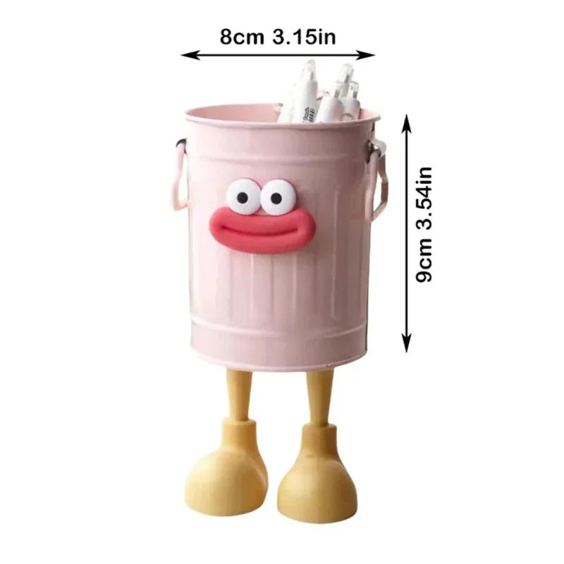 Pink cartoon-style trash can with measurements on a white background