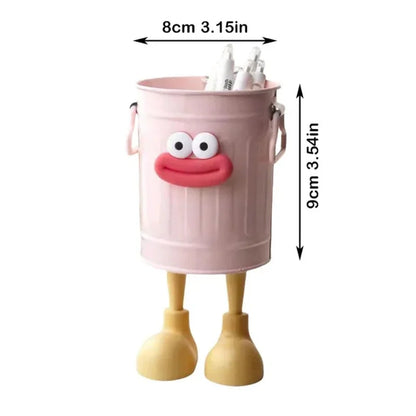 Pink cartoon-style trash can with measurements on a white background