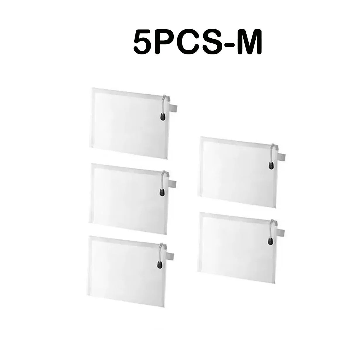 Five white rectangular filters with black clips on a white background, labeled '5PCS-M'.
