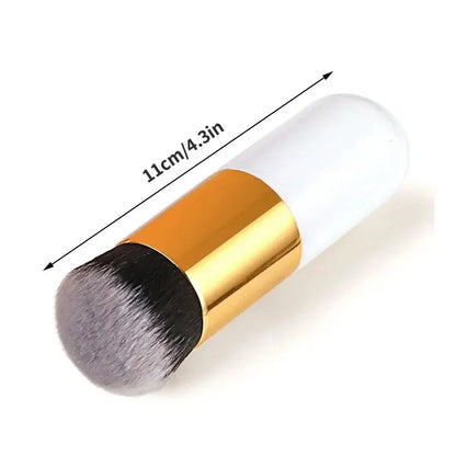 Makeup brush with gold handle and black bristle head, shown with measurements on a white background.