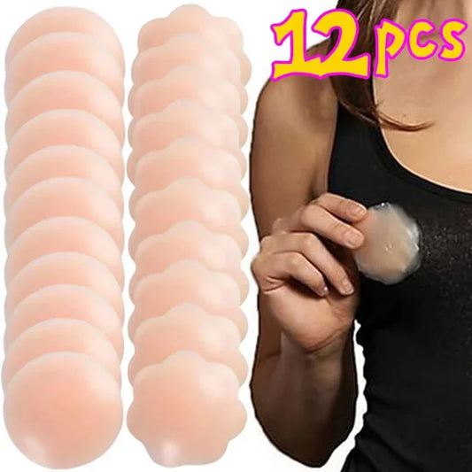 Stack of silicone bra pads with a person wearing one pad, labeled '12 pcs'.
