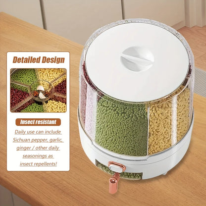 6-Compartment 360° Rotating Airtight Food Storage Container for Grains