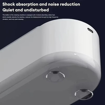Close-up of a cleaning machine with shock absorption and noise reduction features on a dark background.