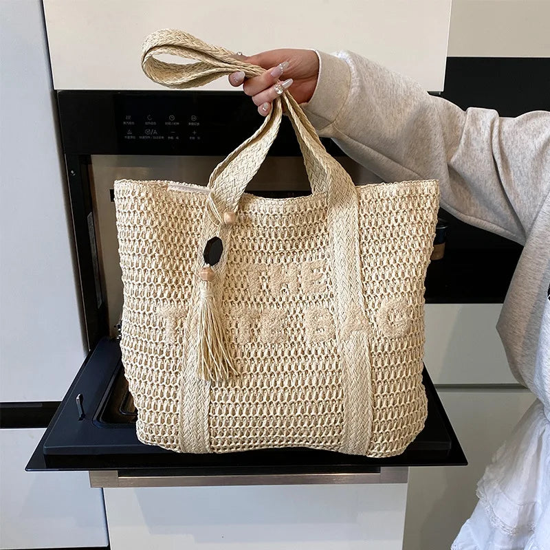 French-Style Woven Straw Tote Bag – Large Beach Vacation Shoulder Bag