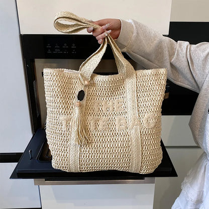 French-Style Woven Straw Tote Bag – Large Beach Vacation Shoulder Bag
