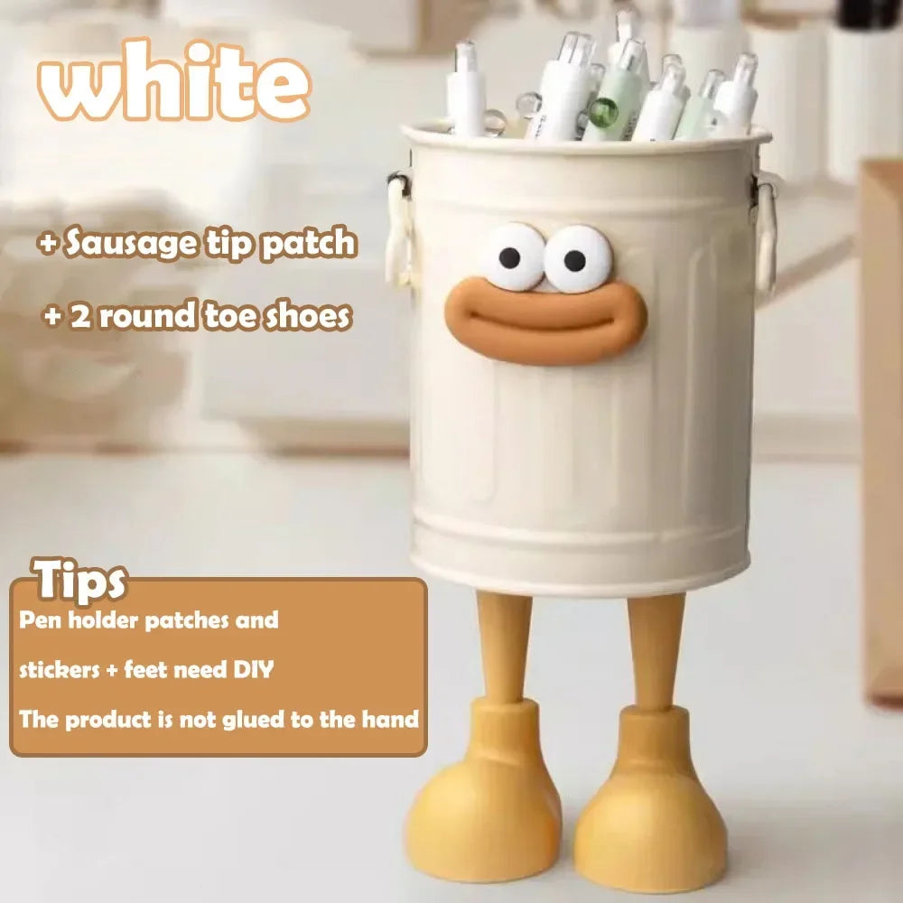 White toy-like container with face and legs on a white background