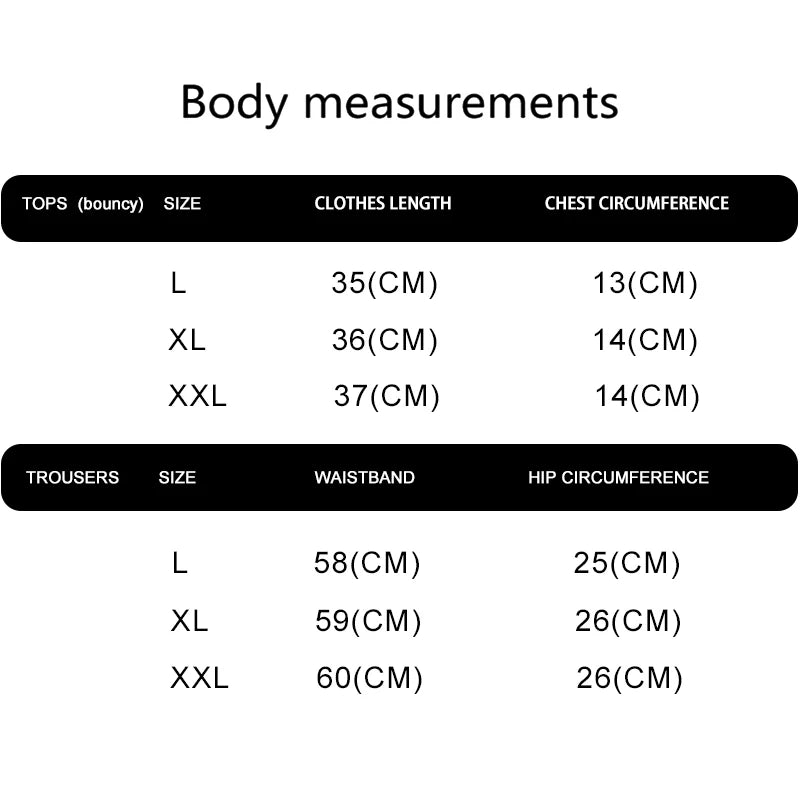 Body measurements chart for tops and trousers with size, length, and circumference details.