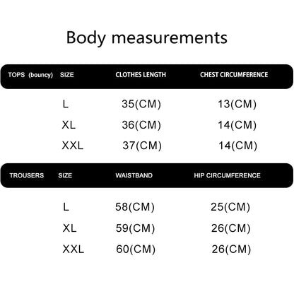Body measurements chart for tops and trousers with size, length, and circumference details.