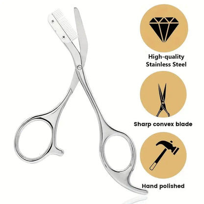 Stainless Steel Eyebrow Trimmer Scissors & Comb Set - Precision Grooming Tool for Men and Women - Effortless Hair Removal
