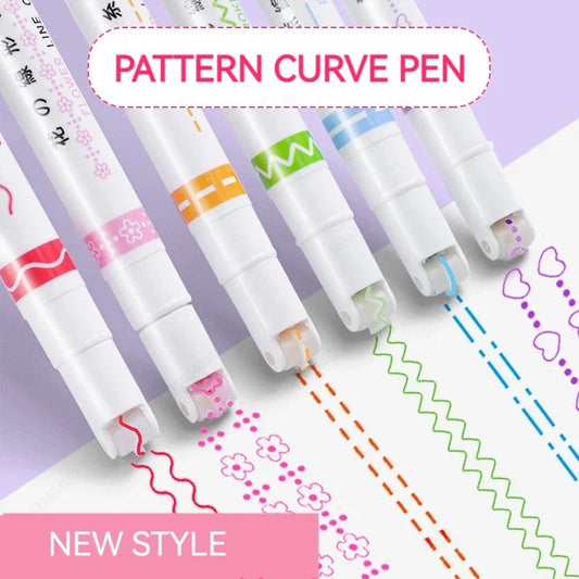 Pattern curve pens with colorful designs on a light purple background