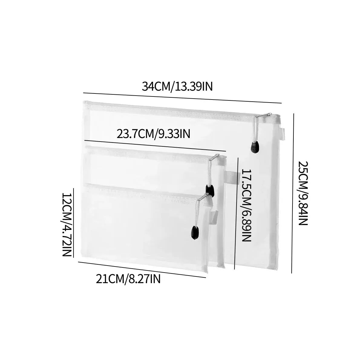 Measurement chart of a clear plastic bag with dimensions labeled in centimeters and inches.