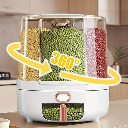 6-Compartment 360° Rotating Airtight Food Storage Container for Grains
