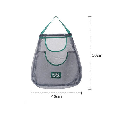 Mesh laundry bag with green trim and dimensions on a white background