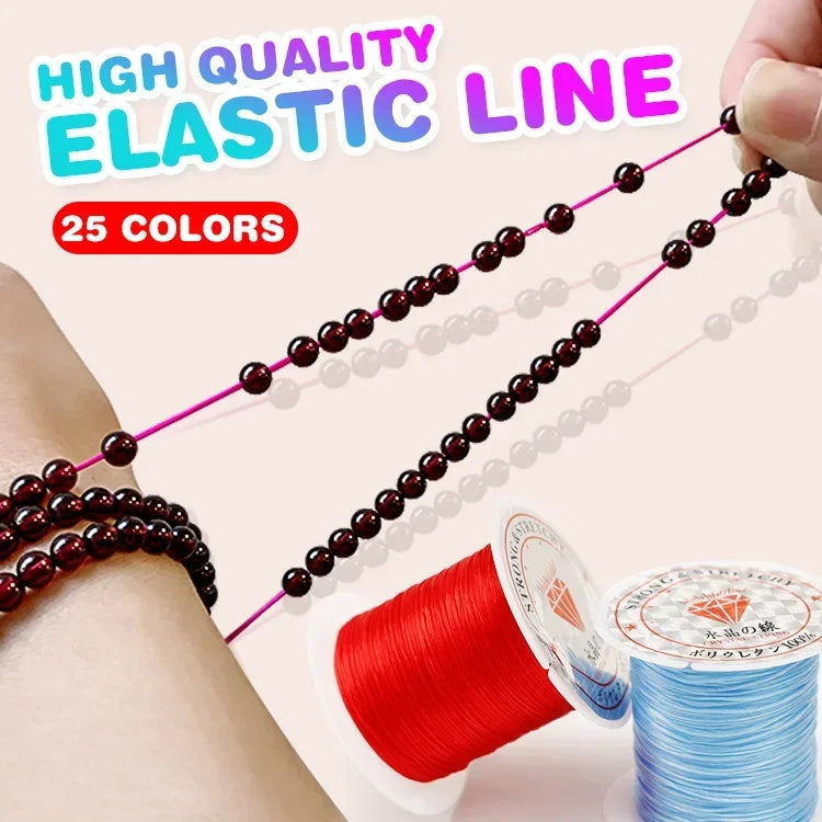 High quality elastic line with 25 colors, shown on a person's wrist and with spools of red and blue thread.