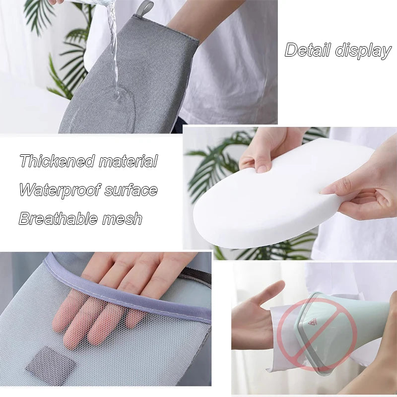 Collage of images showing a product with text highlighting features like thick material, waterproof surface, and breathable mesh.