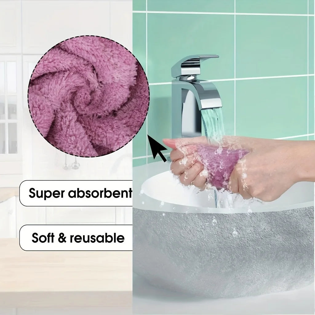 Purple scrubber being used to clean a sink with text indicating 'Super absorbent' and 'Soft & reusable'.