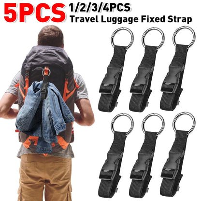 Set of travel luggage fixed straps with a person wearing a backpack.