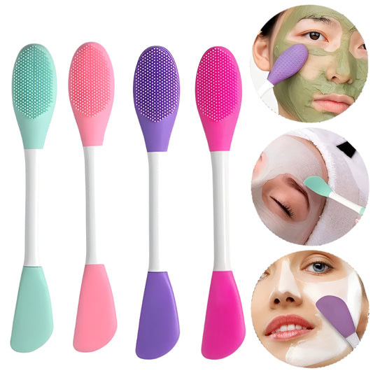 Set of four colorful facial cleansing brushes with close-up insets showing their use on a face.