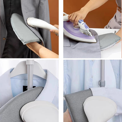 Collage of a person ironing a shirt with an ironing board and iron.