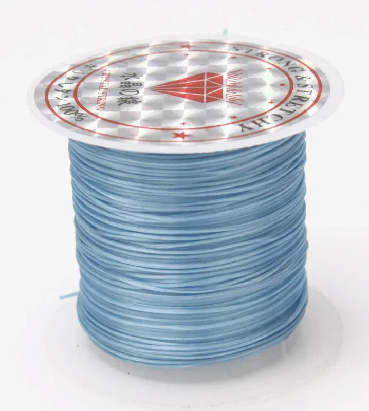 Spool of light blue thread with a clear label on a white background