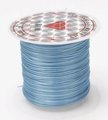 Spool of light blue thread with a clear label on a white background