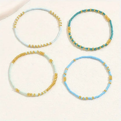 4-Piece Turquoise Seed Bead Bracelet Set – Boho Gold-Plated Elastic Jewelry