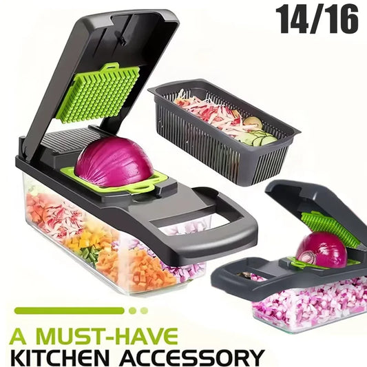 Multifunctional kitchen slicer with various cut vegetables on a white background
