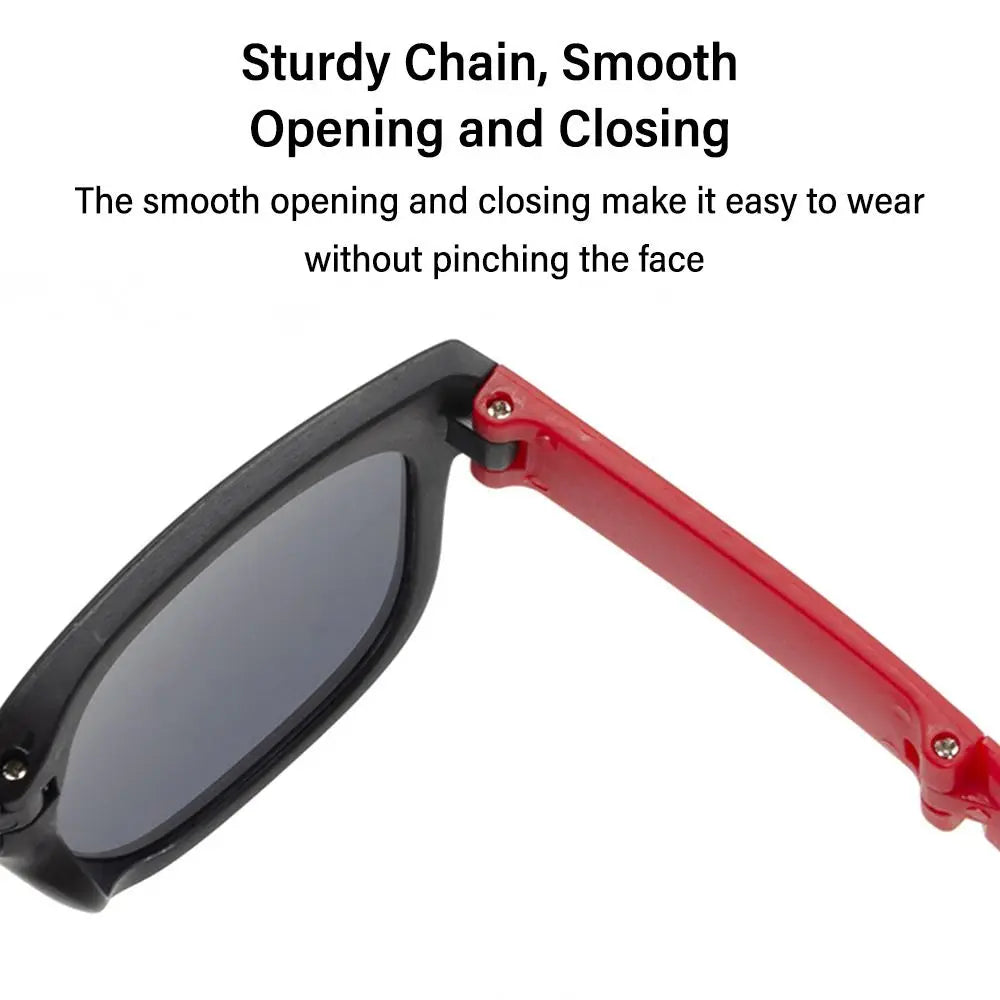 Sunglasses with a red arm and black frame on a white background, featuring text about smooth opening and closing.