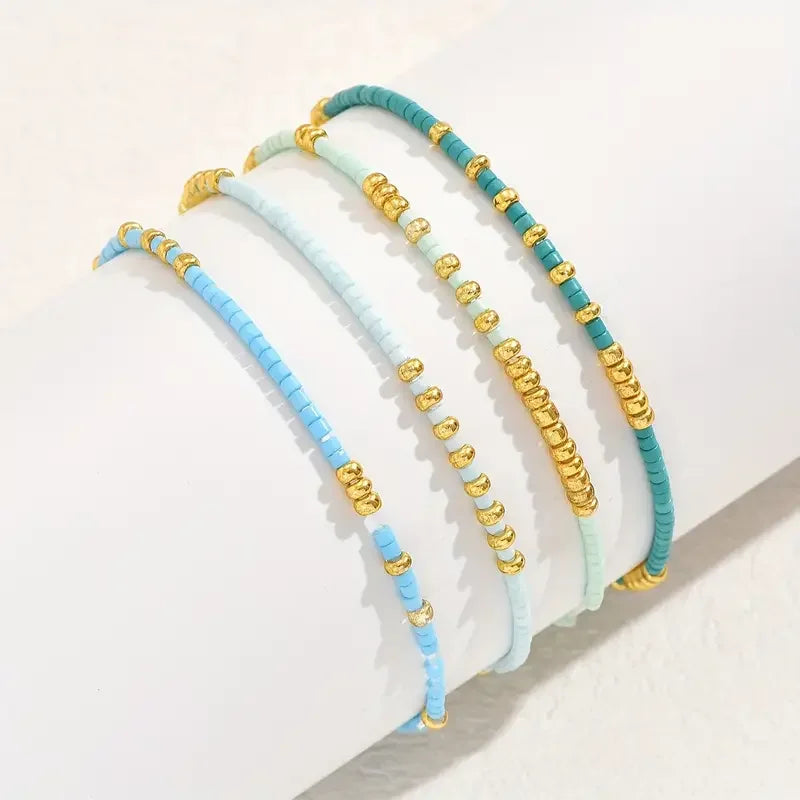 4-Piece Turquoise Seed Bead Bracelet Set – Boho Gold-Plated Elastic Jewelry