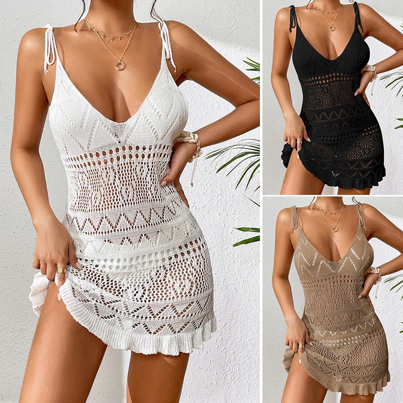 Three different crochet dresses in white, black, and beige on a neutral background.