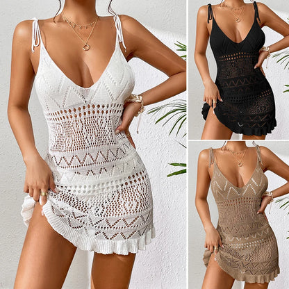 Three different crochet dresses in white, black, and beige on a neutral background.